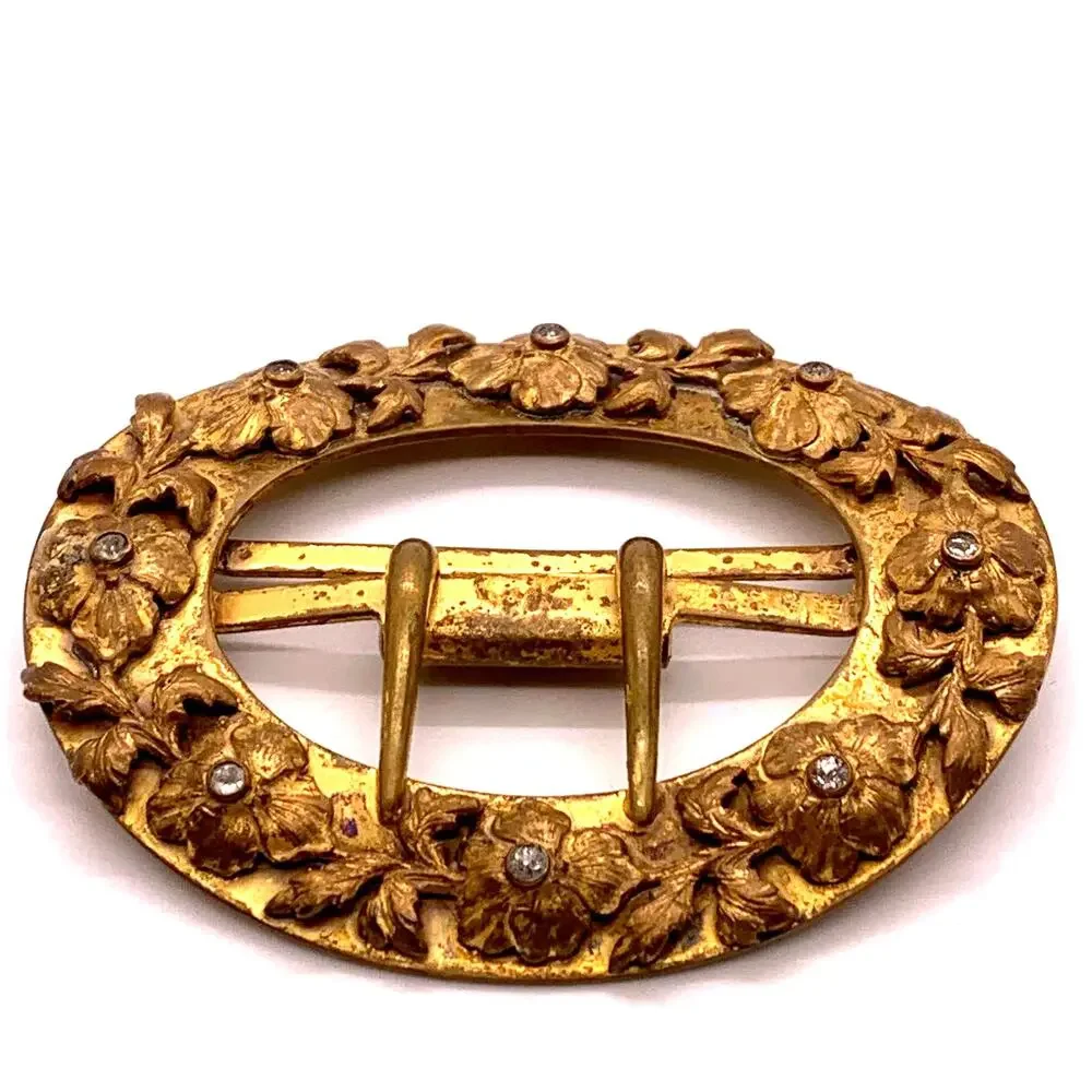 Fisher Nessler Antique Edwardian c.1900-1910 Brass Crystal Flower Sash Buckle